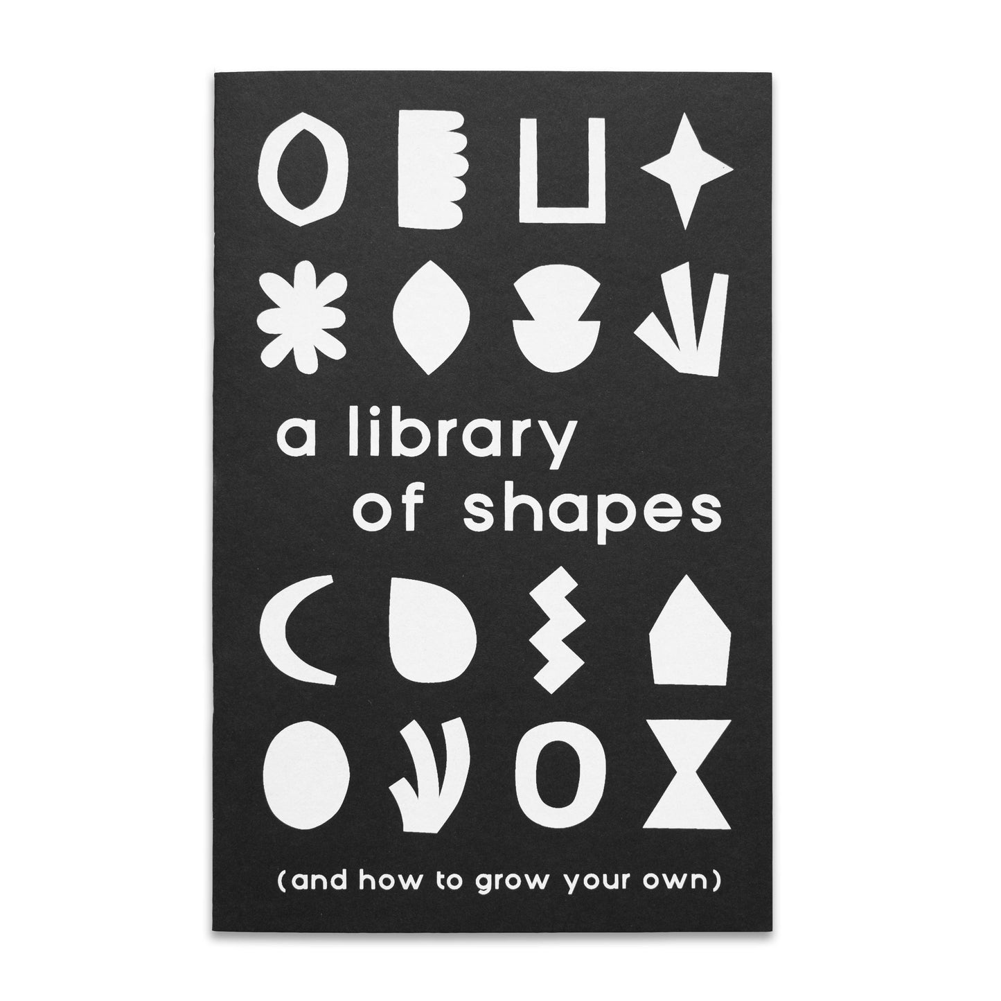 A black cover for "A Library of Shapes Creativity Zine" features abstract white shapes above and below the lowercase title, evoking a zine-inspired look.