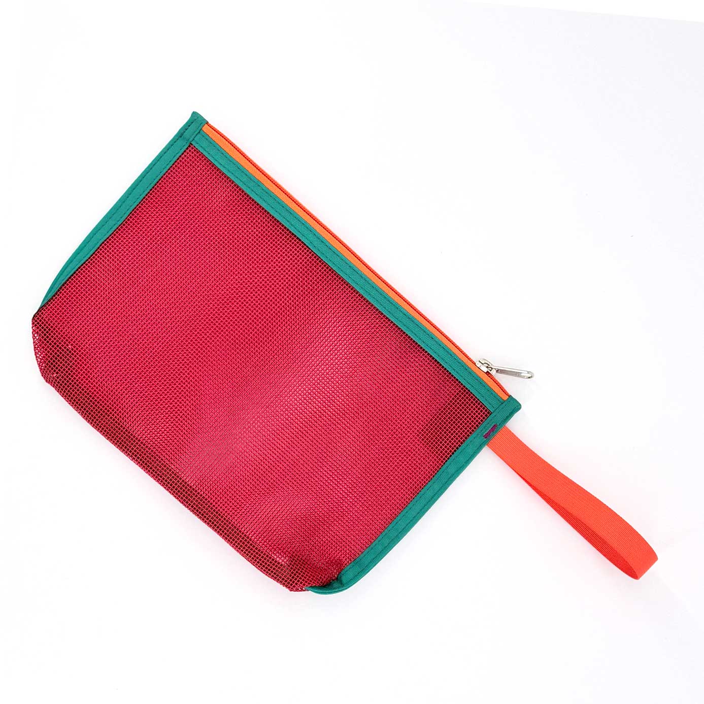 The Keeper | F St. Parade is a rectangular organizer bag made from industrial mesh with a red body, green edges, and an orange zipper with a matching wrist strap, shown on a white background.