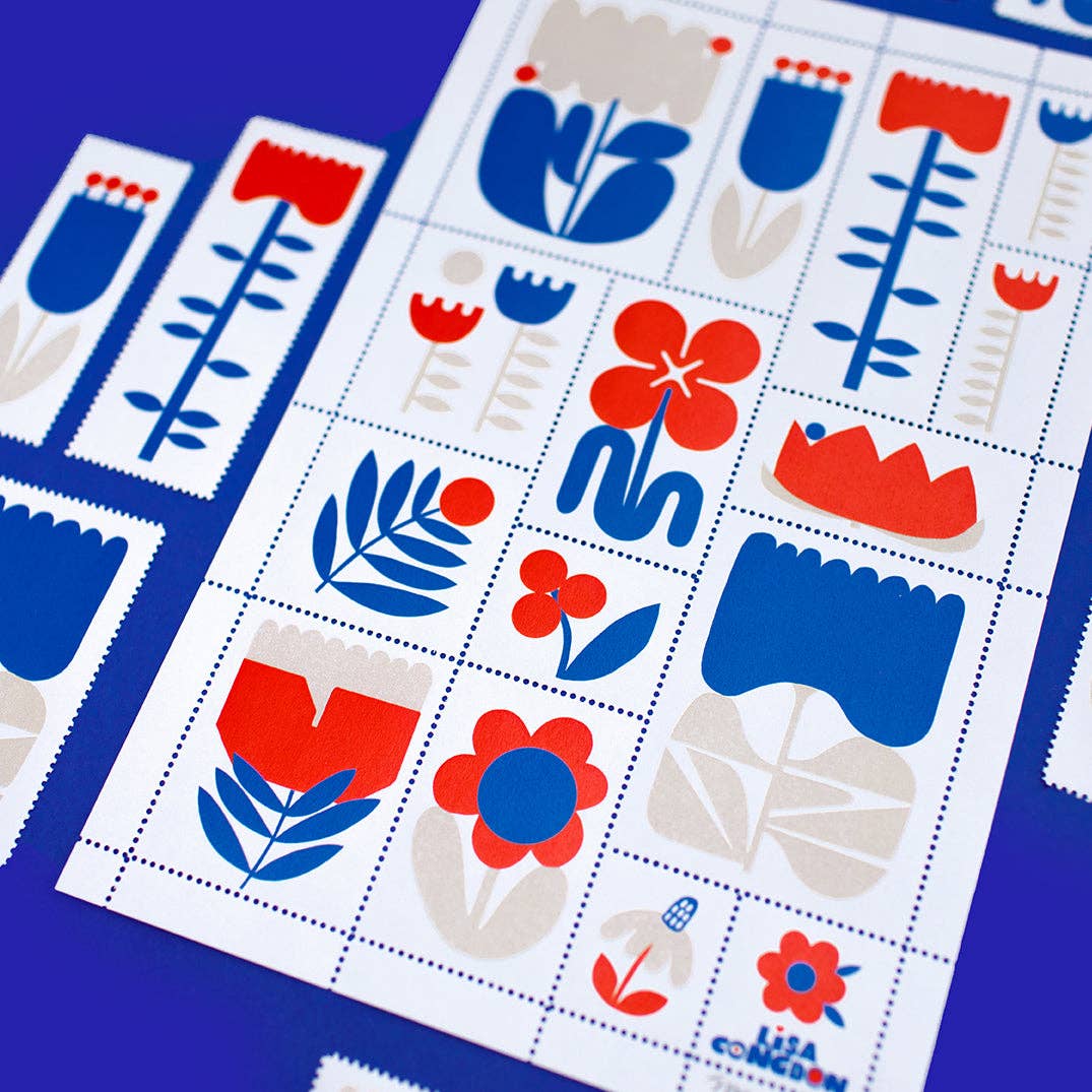 Poster Stamp Series 3 | March Flowers features colorful, graphic floral stamps in red, blue, and beige on a blue background. Designed by Lisa Congdon, this limited-edition sheet showcases modern, minimalist abstract flower and leaf motifs.