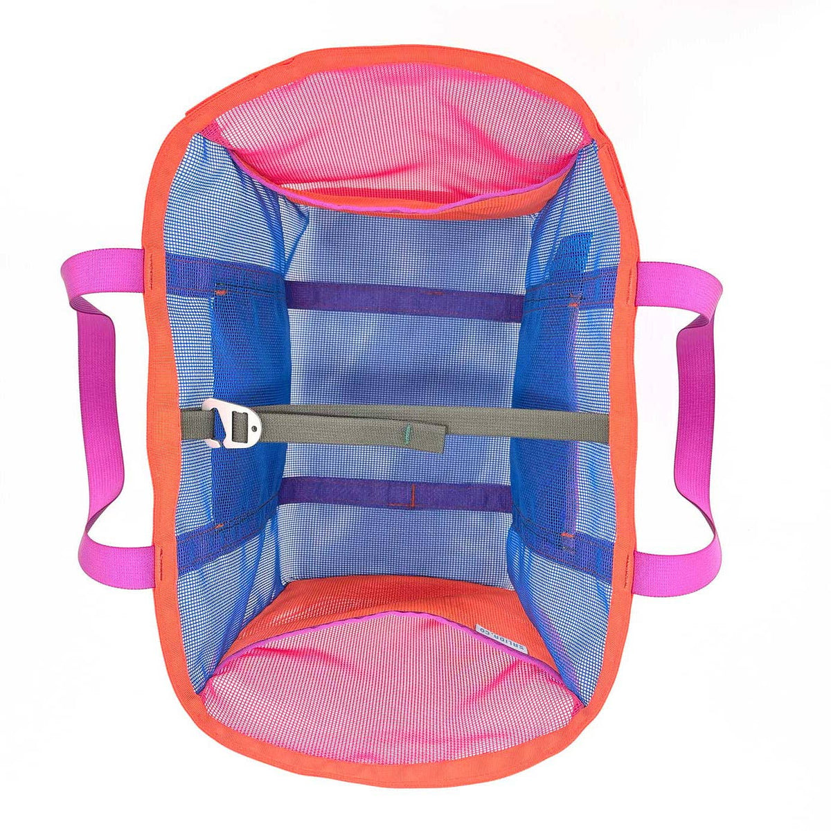 Top view of The Mother | Yacht Rock, a vibrant mesh tote with orange edges, pink handles, blue mesh sides, and a gray strap with white buckle—spacious and durable from a women-owned brand.