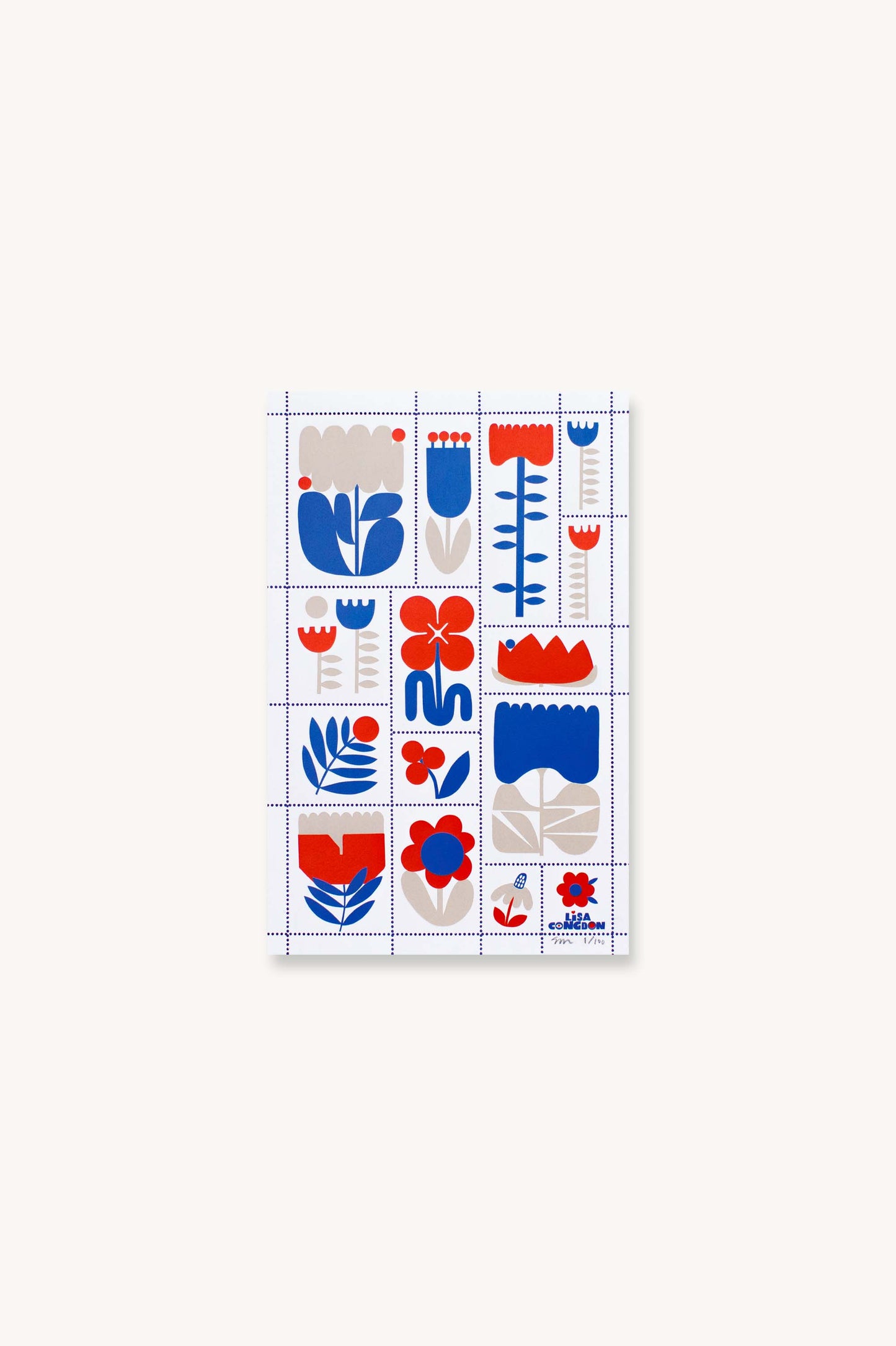 The Poster Stamp Series 3 | March Flowers dishcloth showcases a grid of red, blue, and gray floral and leaf motifs on white, inspired by limited-edition poster stamps by Lisa Congdon.