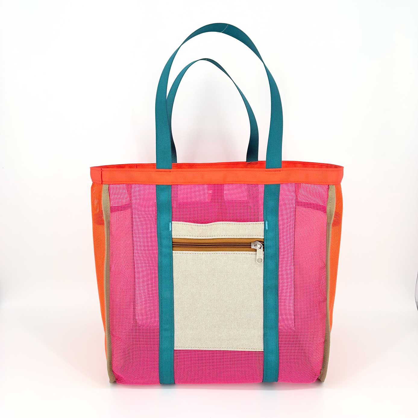 The Mother | Sunrizz Fizz is a women-owned, large capacity tote with teal handles, orange top trim, pink mesh sides, and a beige zippered front pocket, shown against a white background.