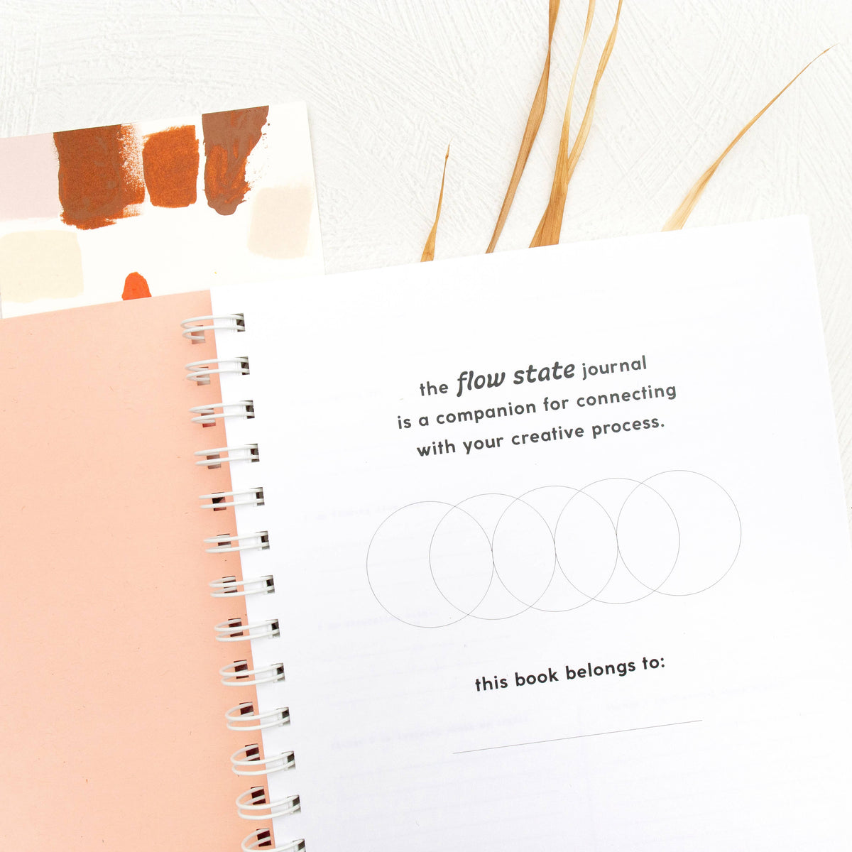 An open spiral-bound Flow State Guided Journal lies on a white background, accompanied by dried grass and a paint swatch card.