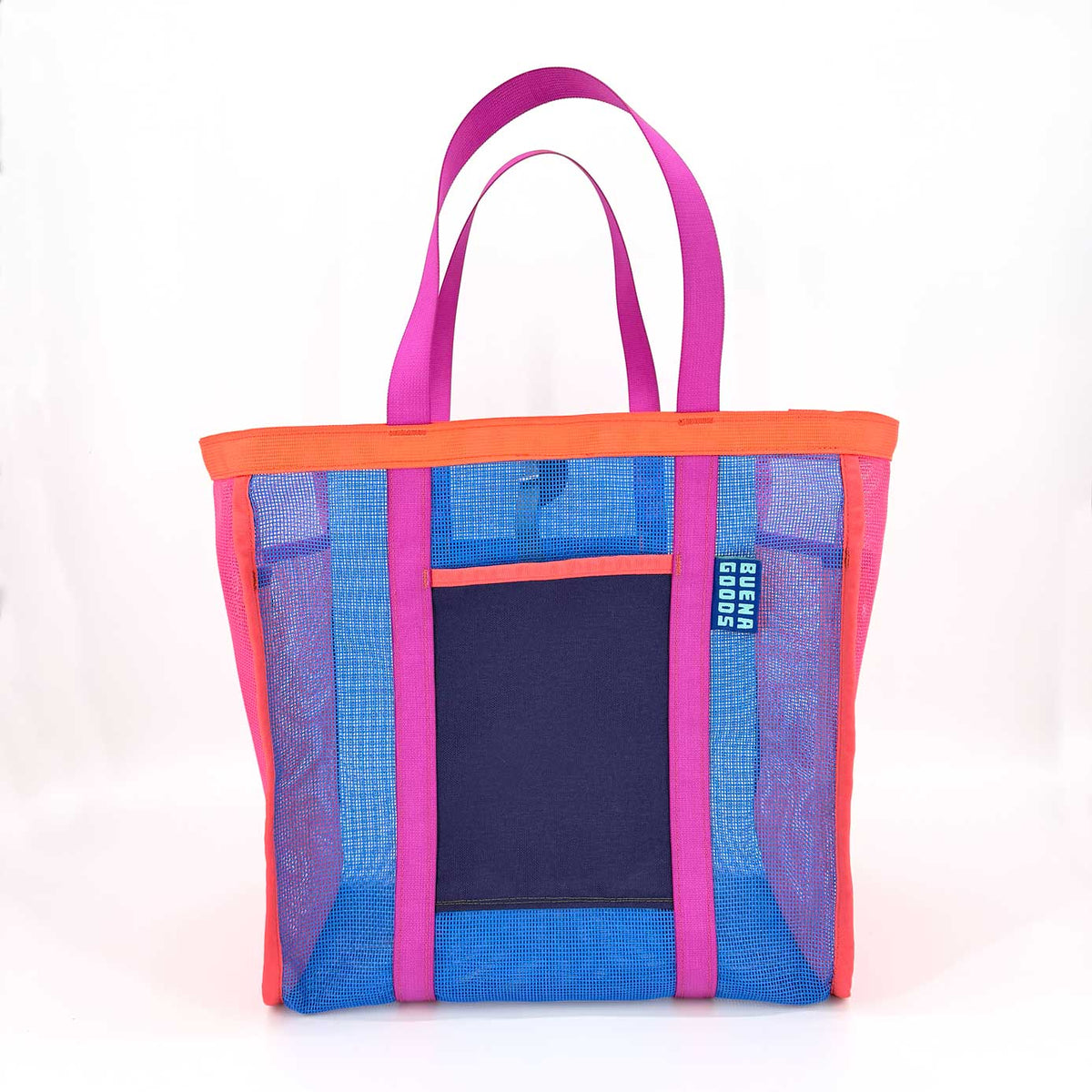 The Mother | Yacht Rock—an eye-catching beach tote with pink and orange handles, blue and purple panels, a front pocket featuring BUHA GOODS (women-owned) in white text; colorful, durable mesh design.