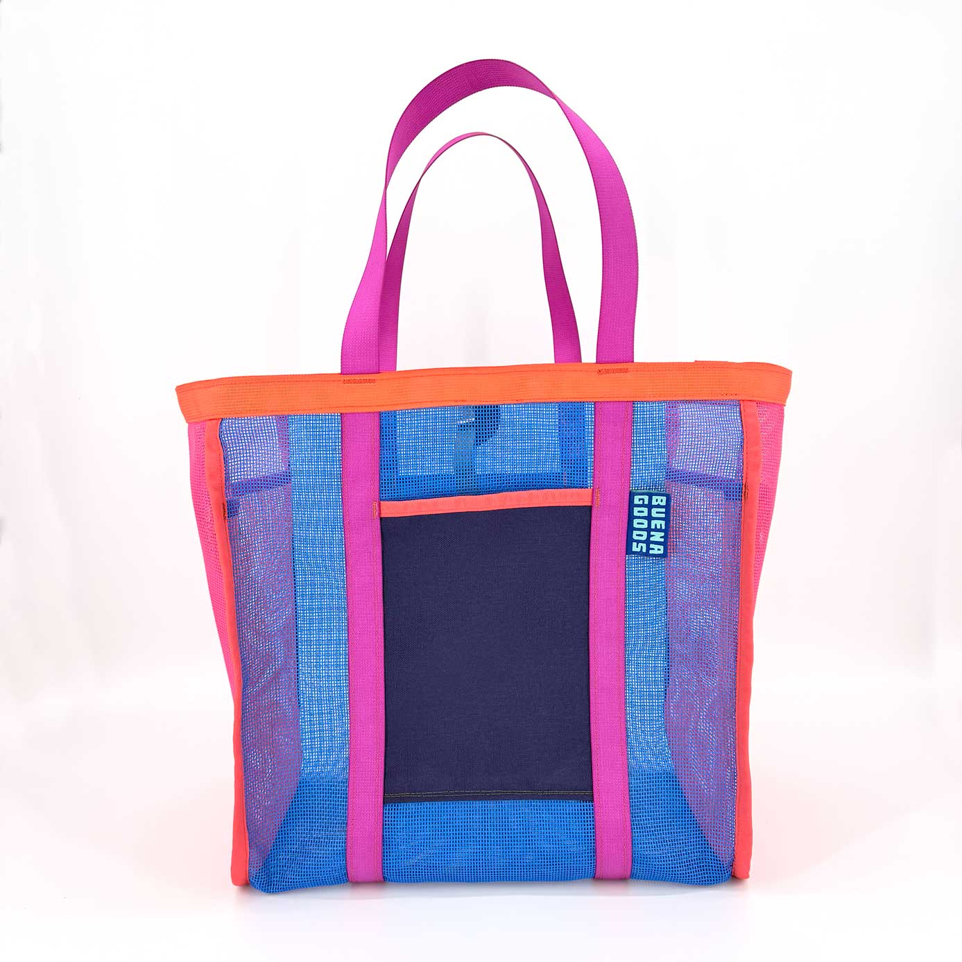 The Mother | Yacht Rock—an eye-catching beach tote with pink and orange handles, blue and purple panels, a front pocket featuring BUHA GOODS (women-owned) in white text; colorful, durable mesh design.