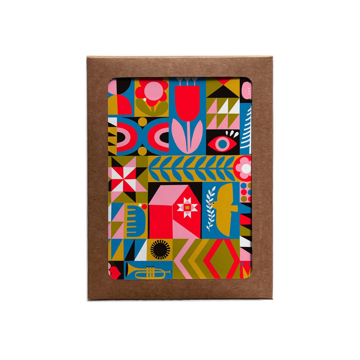 The Blank Quilt Squares Greeting Card features a colorful, geometric design with abstract shapes, flowers, and patterns in red, pink, blue, yellow, green, and black on a plain white background.