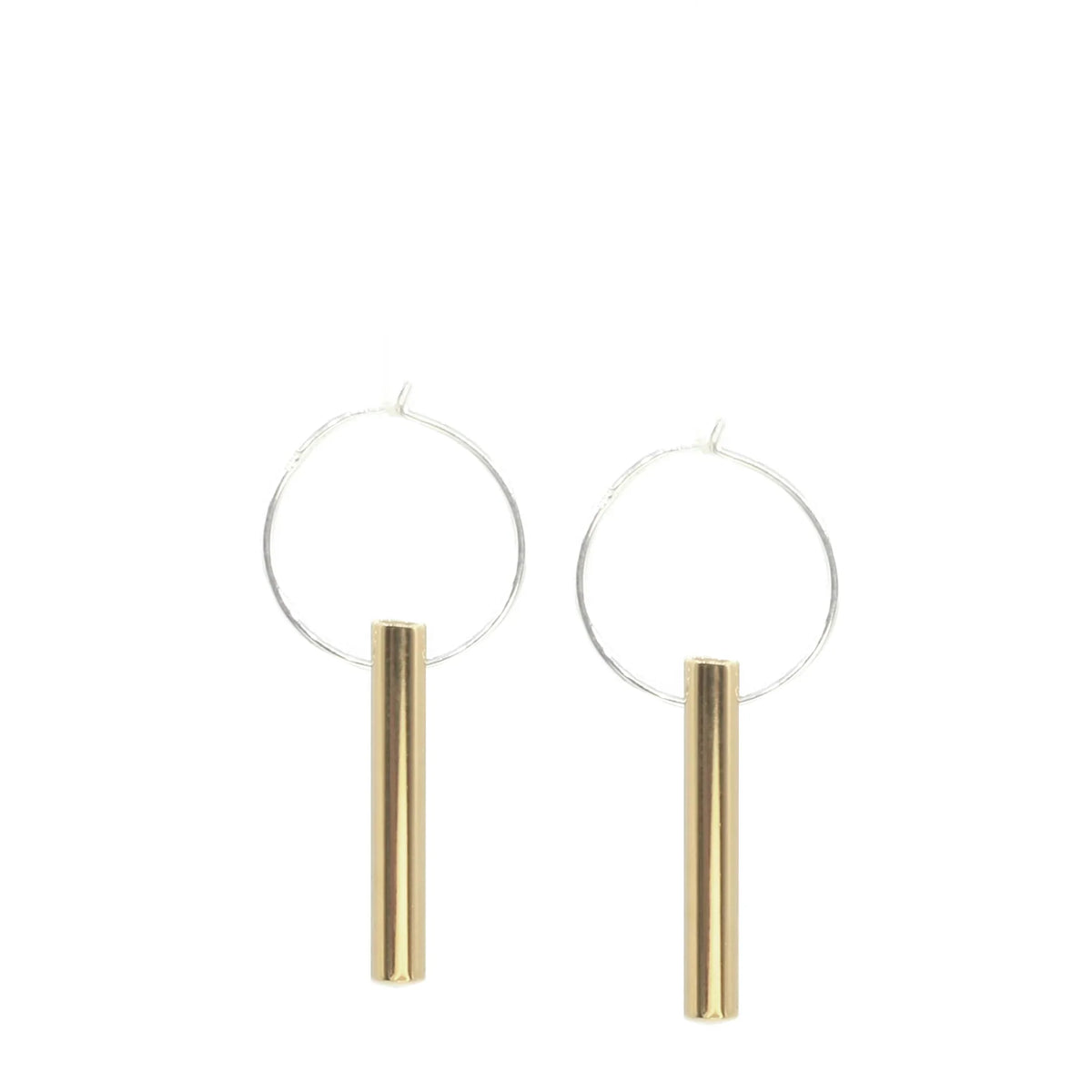 Golden Rays Earrings: Minimalist sterling silver hoops with vertical gold brass bar charms, displayed on a white background—ideal for handmade jewelry lovers.