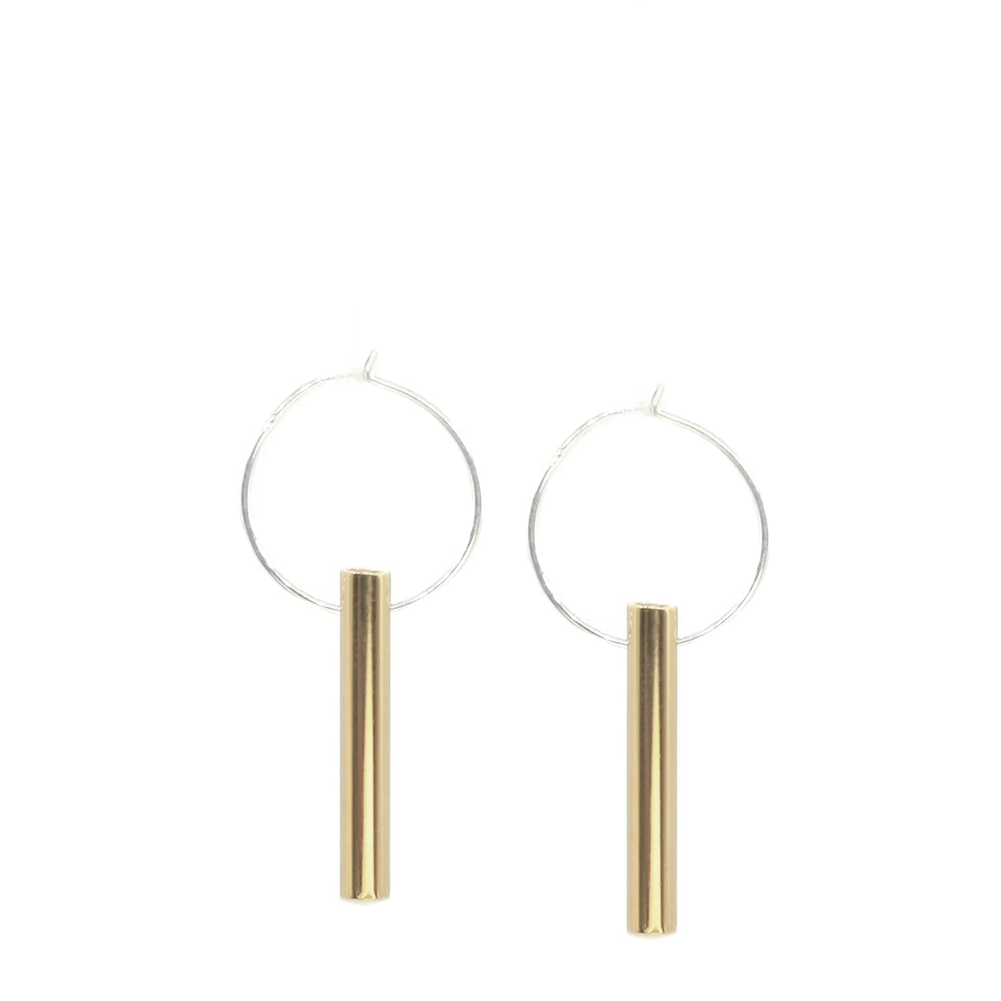 Golden Rays Earrings: Minimalist sterling silver hoops with vertical gold brass bar charms, displayed on a white background—ideal for handmade jewelry lovers.