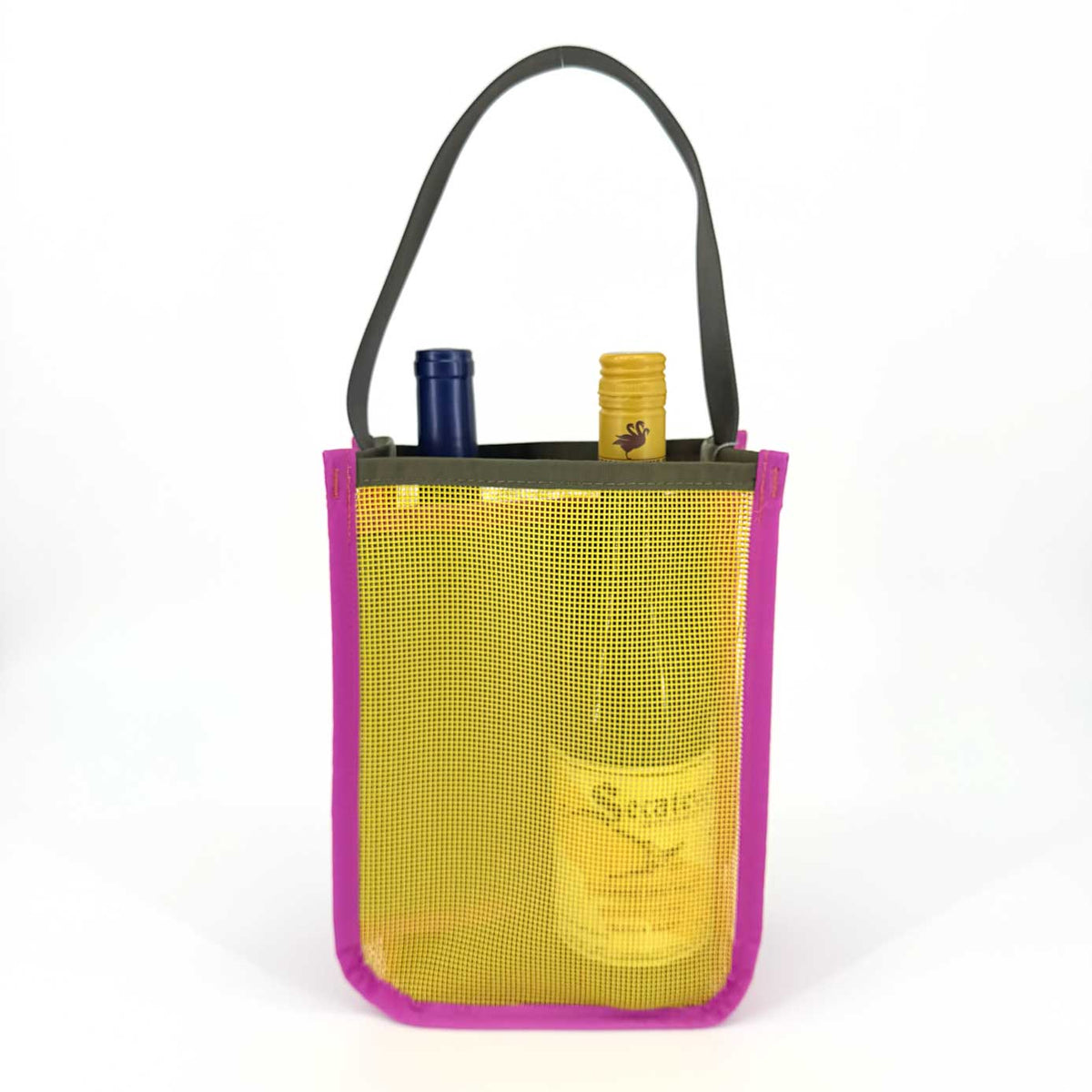 The Two-Bottle-Bag | Cava on the Playa is a mesh wine tote with pink edges and a black handle, holding two bottles—one with a blue cap and one with a yellow cap—against a white background, perfect for your next picnic.