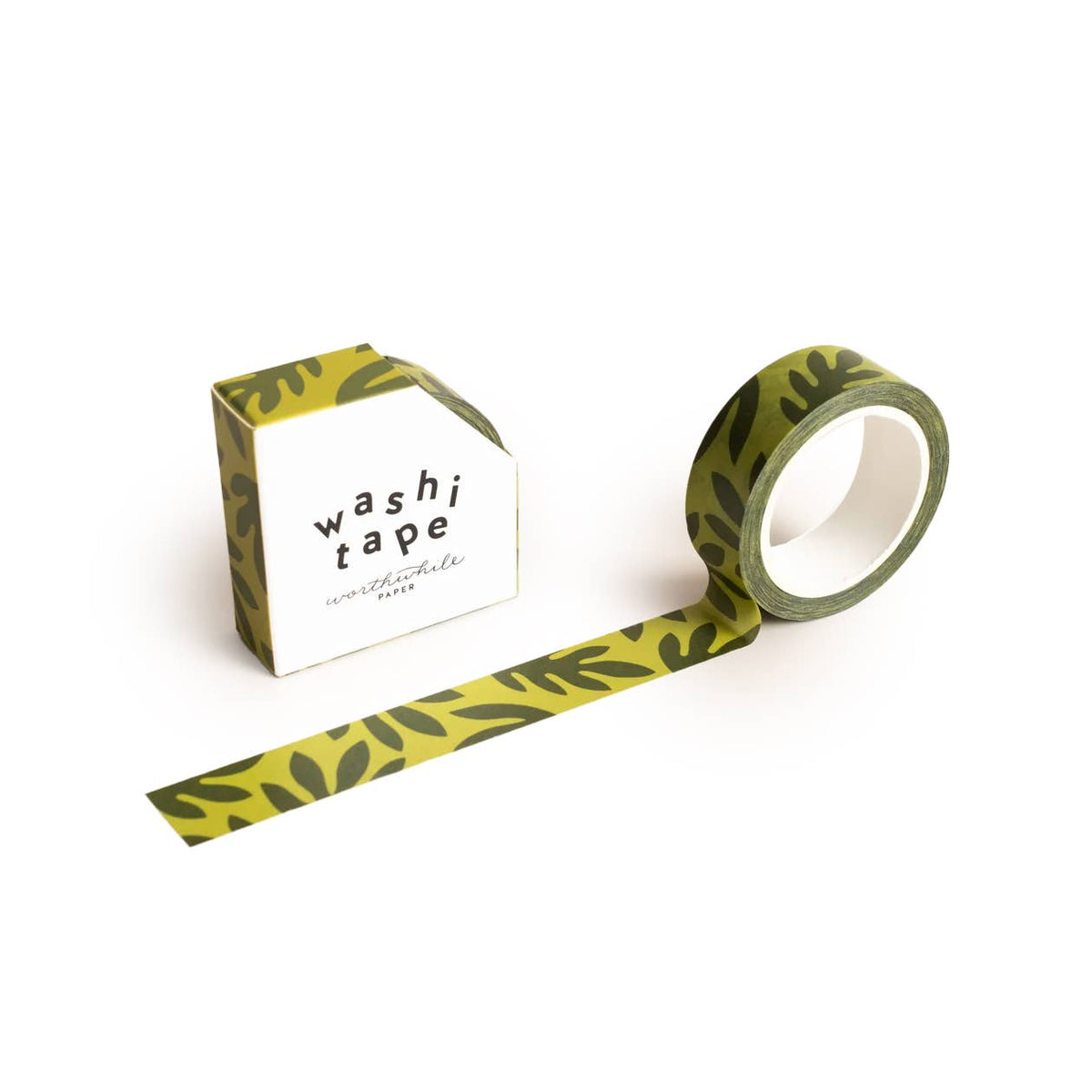 The Lush Leaves Pattern Washi Tape, featuring a dark green plant motif, is partially unrolled beside its eco-friendly box labeled “washi tape” in bold black text on a white background.