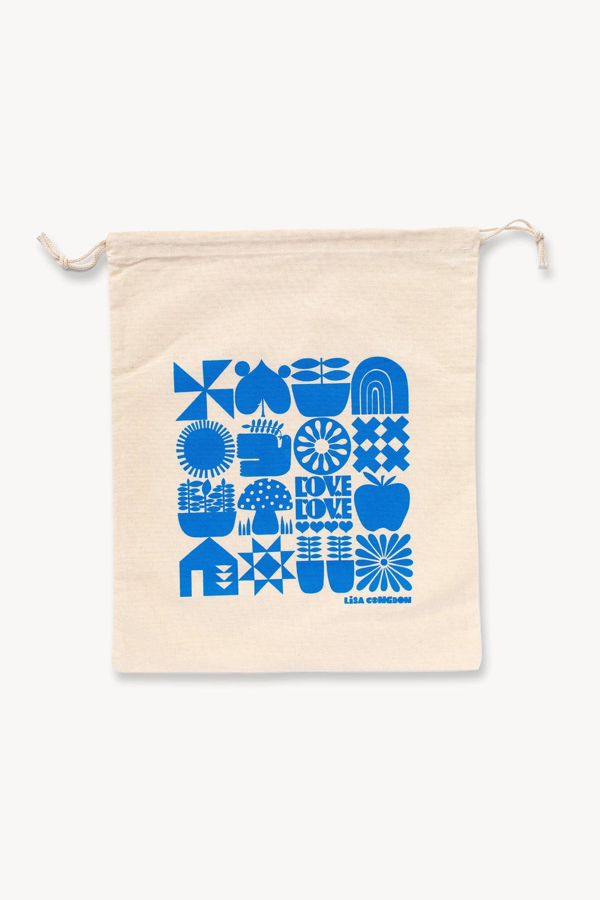 The Large Cotton Drawstring Pouch in beige showcases bright blue geometric and floral designs with "DO WE DO WE" and Lisa Congdon on the front—ideal as a travel bag or for reusable gift wrapping.