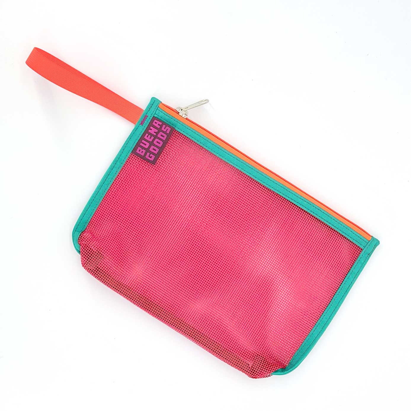 The Keeper | F St. Parade is a pink industrial mesh zippered pouch with turquoise trim, an orange zipper, and a matching orange wrist strap. "GUCHA GOODS" is printed in black near the zipper. Ideal as a stylish essentials organizer.