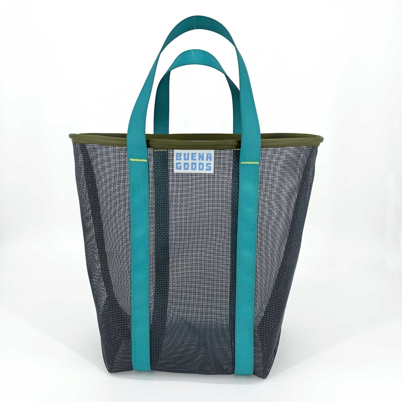 The Go Getter | Deep Blue is a durable mesh tote with deep blue handles and trim, featuring a rectangular BUENA GOODS label on the front. This reusable grocery bag is shown against a plain white background.