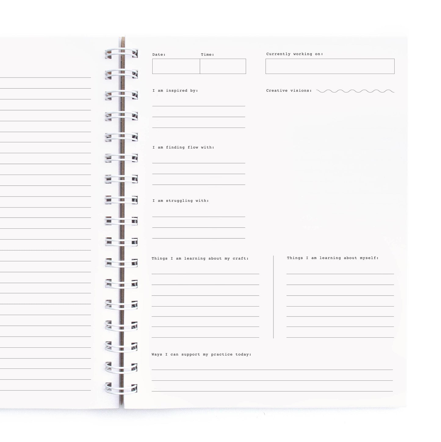 The Flow State Guided Journal is an open spiral-bound journal with prompts, lined sections, and space for date, time, tasks, inspirations, struggles, learnings, and self-reflection—perfect for tracking your creative journey.