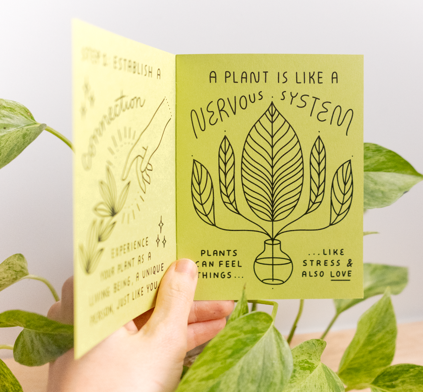 A hand holds the eco-friendly "How to Keep A Plant Alive Zine," featuring a green, leafy plant illustration and handwritten notes comparing plants to nervous systems. Green leaves form the background, making this a thoughtful self-care gift.