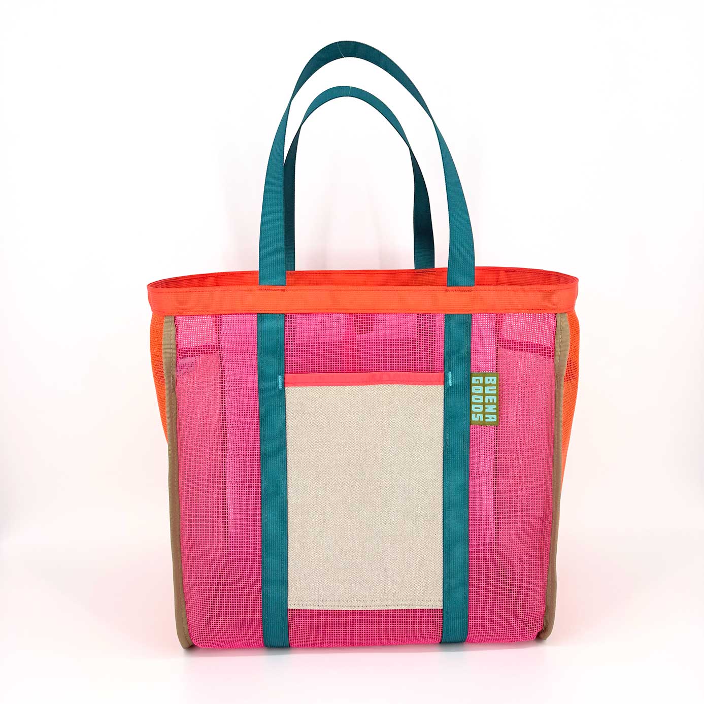 The Mother | Sunrizz Fizz by a women-owned brand is a large capacity tote bag featuring teal handles, bright orange trim, a pink mesh body, beige front pocket, and green/yellow BETA GOODS text on the side, displayed on a white background.