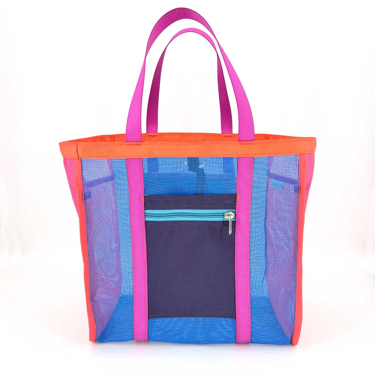 The Mother | Yacht Rock is a large, colorful mesh beach tote with pink handles, orange trim, purple stripes, blue mesh sides, and a navy front pocket with a turquoise zipper. Durable design stands upright against a white background.