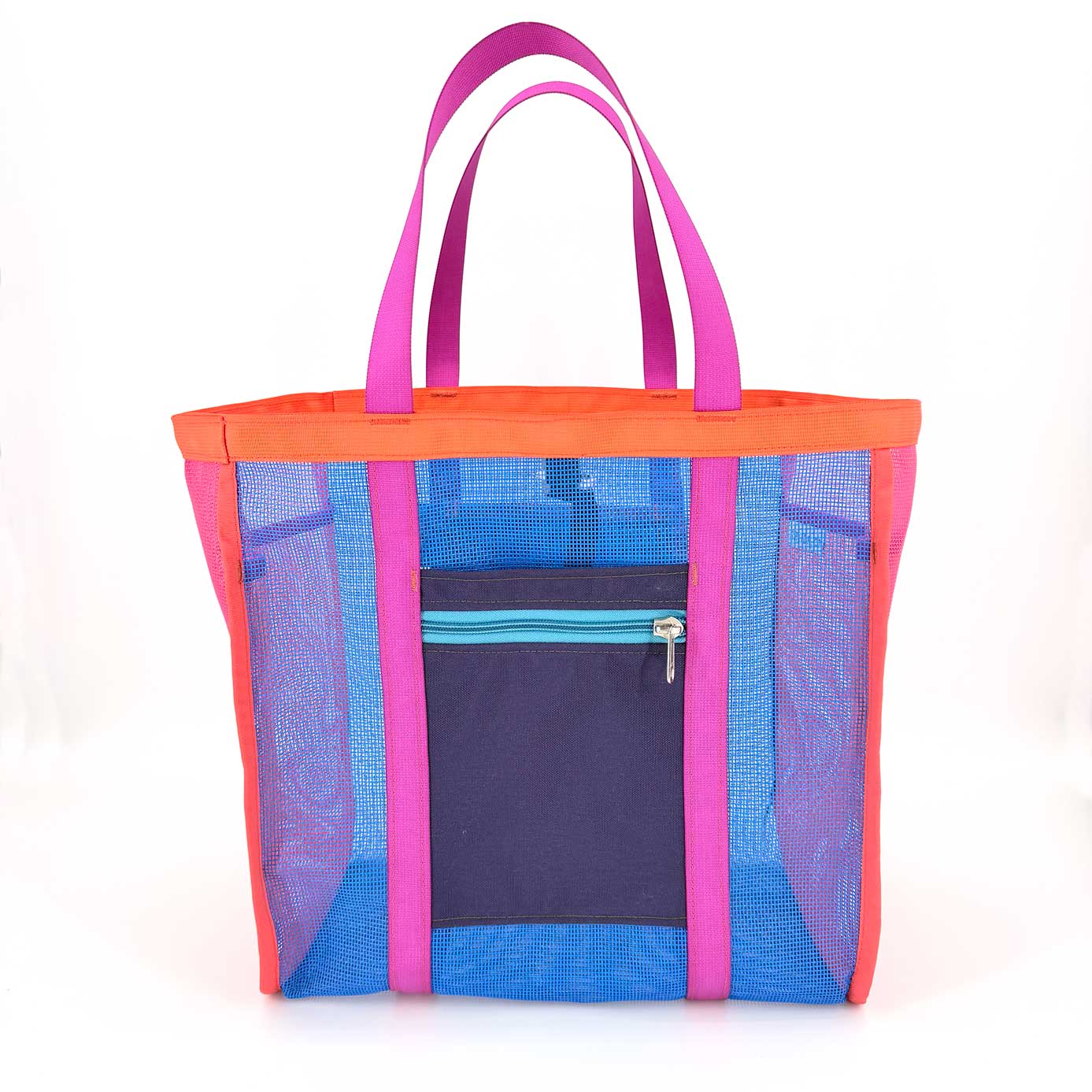 The Mother | Yacht Rock is a large, colorful mesh beach tote with pink handles, orange trim, purple stripes, blue mesh sides, and a navy front pocket with a turquoise zipper. Durable design stands upright against a white background.
