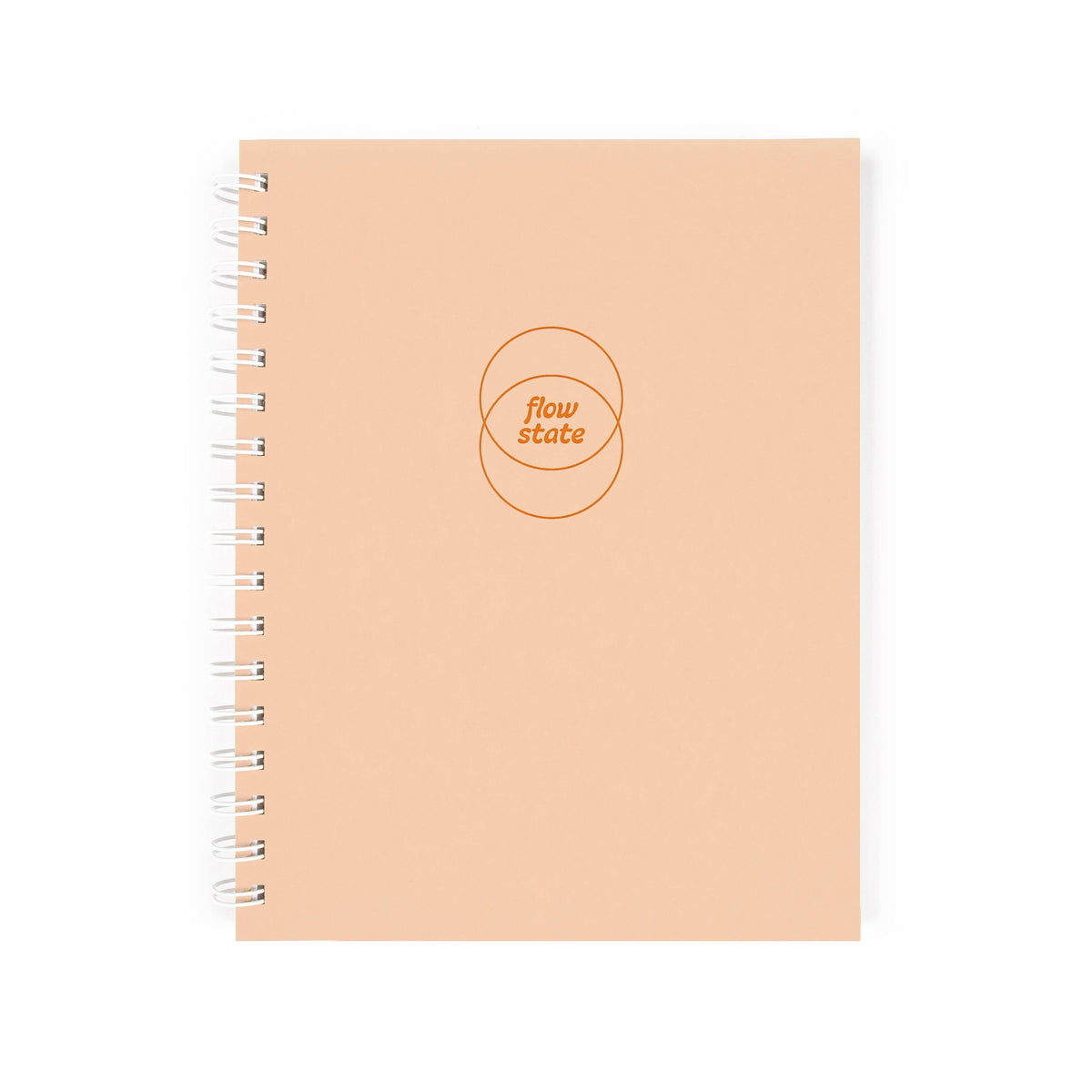 A peach-colored spiral notebook, the “Flow State Guided Journal,” displays “flow state” within two overlapping circles on the cover—ideal for documenting your creative process—pictured on a white background.