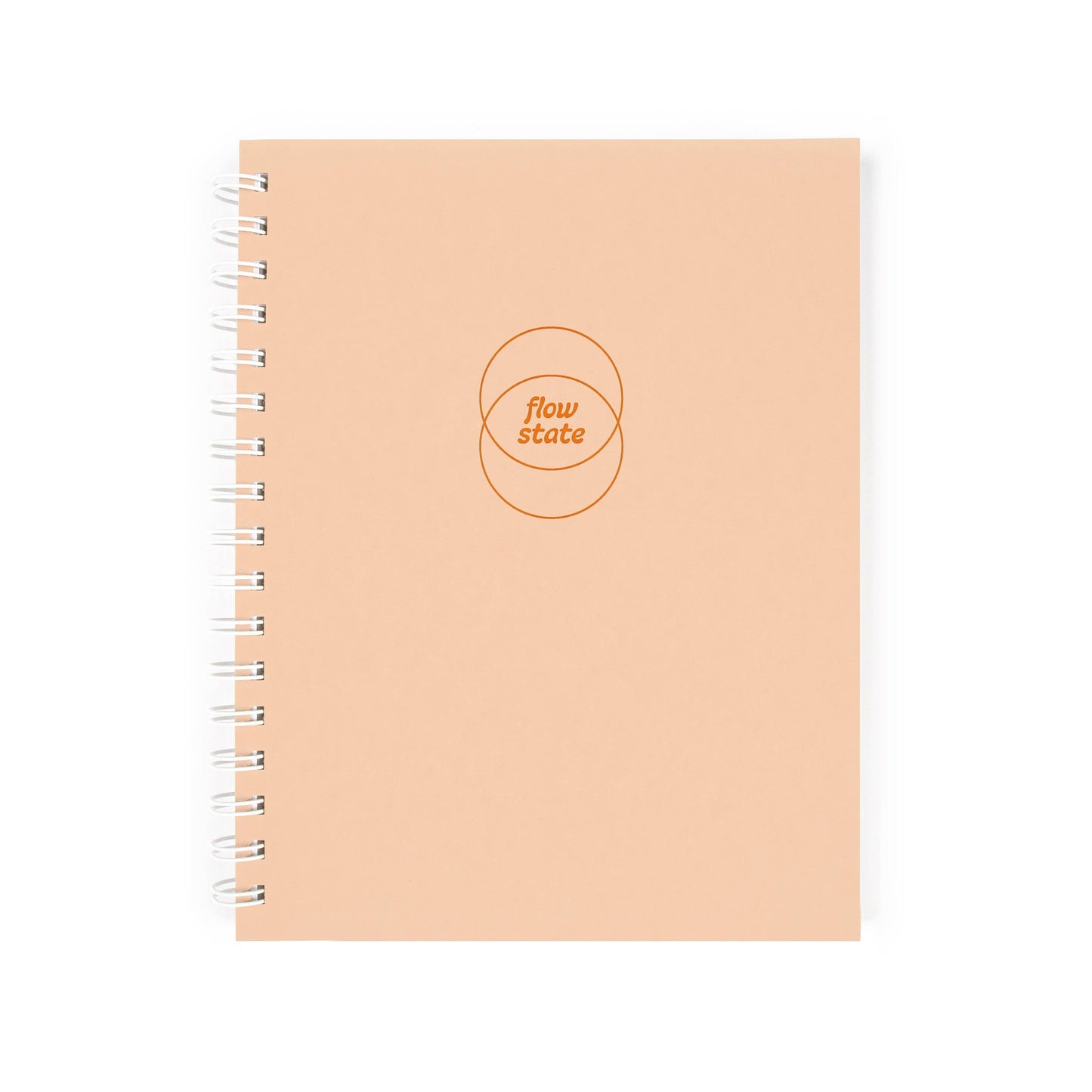 A peach-colored spiral notebook, the “Flow State Guided Journal,” displays “flow state” within two overlapping circles on the cover—ideal for documenting your creative process—pictured on a white background.