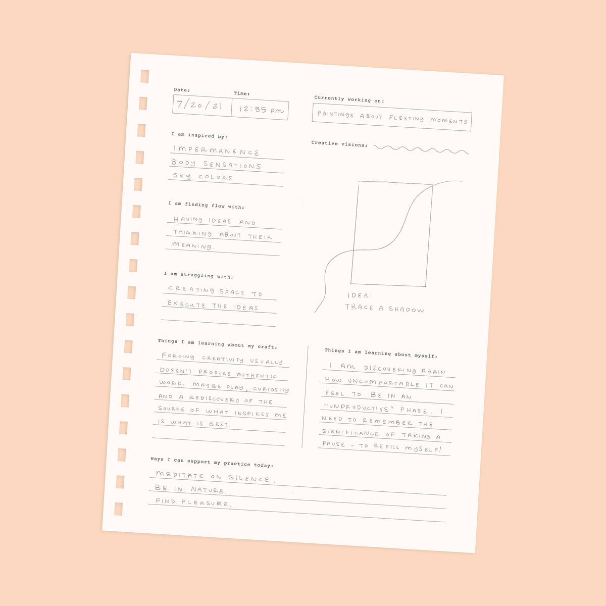 A page from the Flow State Guided Journal features handwritten notes on sensations, thoughts, and inspirations against a peach background, with a “Trace a Shadow” sketch and reflections on creativity and silence.