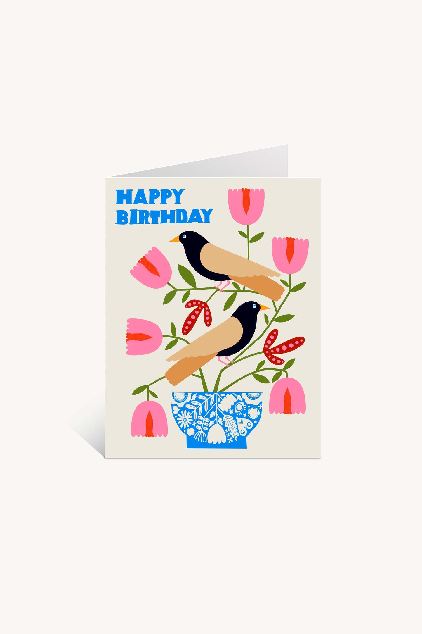 Celebrate with the Happy Birthday Nordic Birds Greeting Card—two Nordic birds on pink tulips in a blue and white vase, bold “HAPPY BIRTHDAY” at top left. Printed on FSC-certified card stock for an eco-friendly touch.