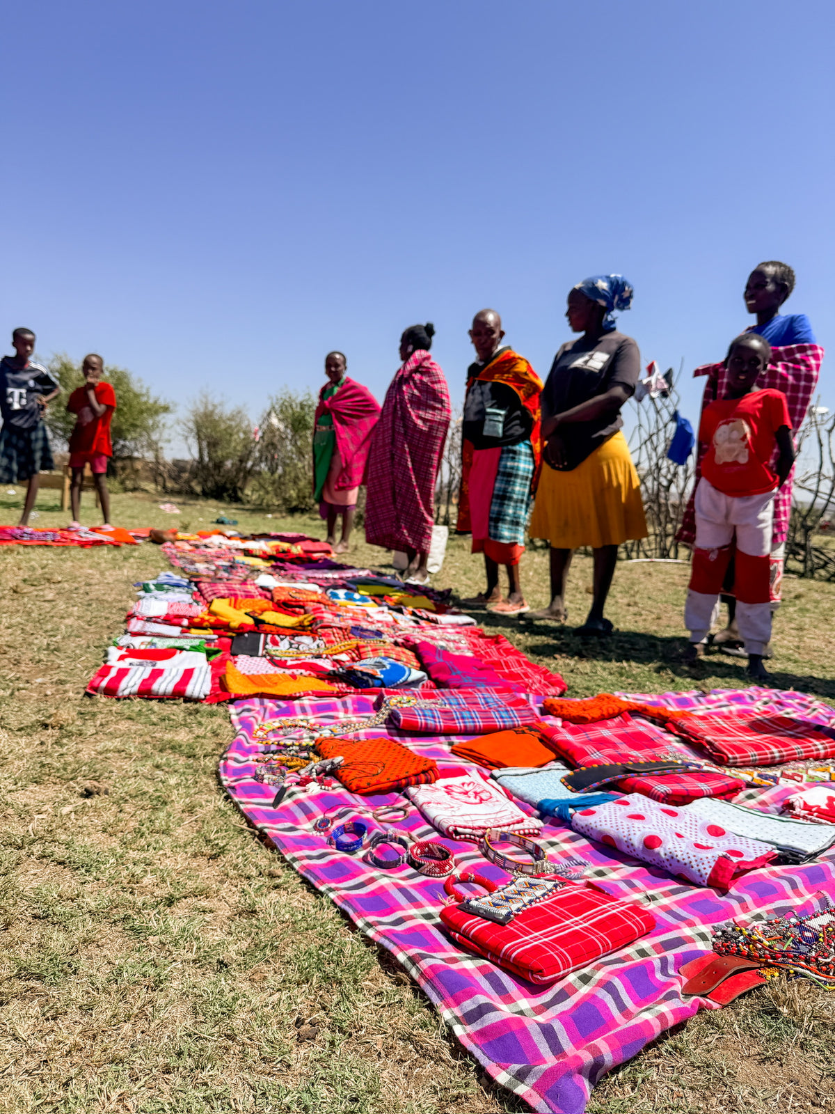 Members of the Artisan Safari showcase handmade jewelry and crafts on blankets laid out across the grass, dressed in vibrant traditional attire beneath a clear blue sky.