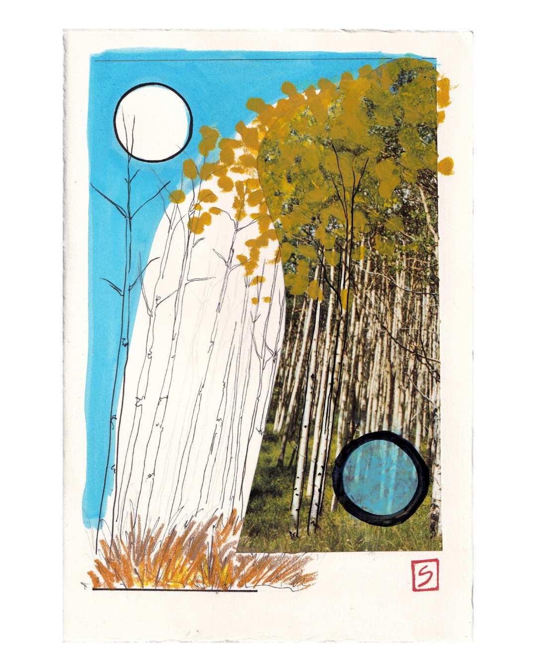 Introducing “The Long Way | Original Mystery Art” by Andrea Slusarski—a striking mixed-media artwork that merges a photograph of aspens with yellow leaves beneath a vivid blue sky, alongside abstract elements such as drawn tree outlines, white accents, and black-outlined circles. Set on textured paper and marked with a small red stamp, this original print uniquely blends photography and creative mixed media for an unforgettable visual experience.