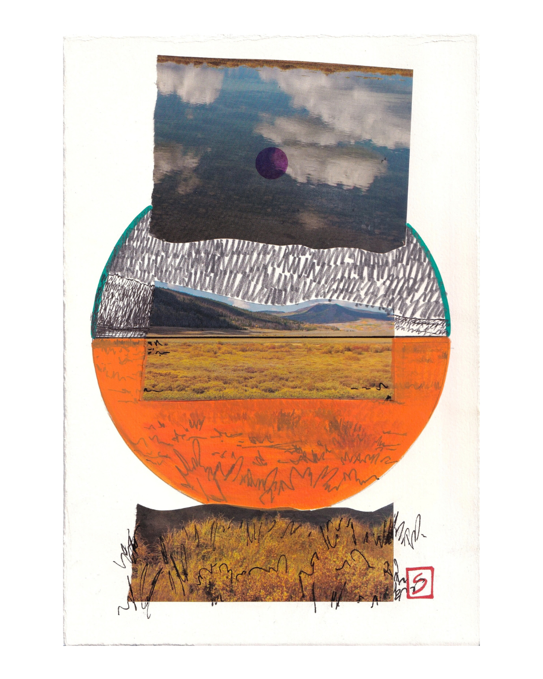 Experience “The Long Way | Original Mystery Art,” an original artwork print by Andrea Slusarski featuring an abstract collage landscape of mountains and fields arranged in horizontal strips within a vibrant orange circle. A purple sun rises against a cloudy sky, while dynamic black scribble lines along the bottom edges infuse the piece with energy, highlighting Slusarski’s distinctive mixed media style and creative approach to blending textures and colors.