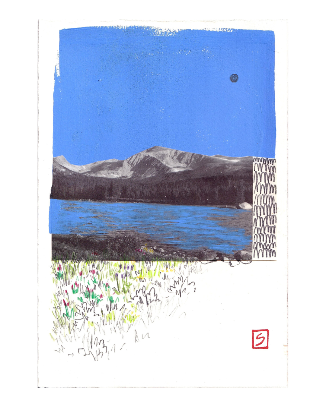 Introducing “The Long Way | Original Mystery Art” by Andrea Slusarski: this mixed media art piece depicts a mountain, lake, and grassy field filled with flowers beneath a bright blue sky. The artwork showcases abstract patterns and is finished with a distinctive red stamp in the corner.