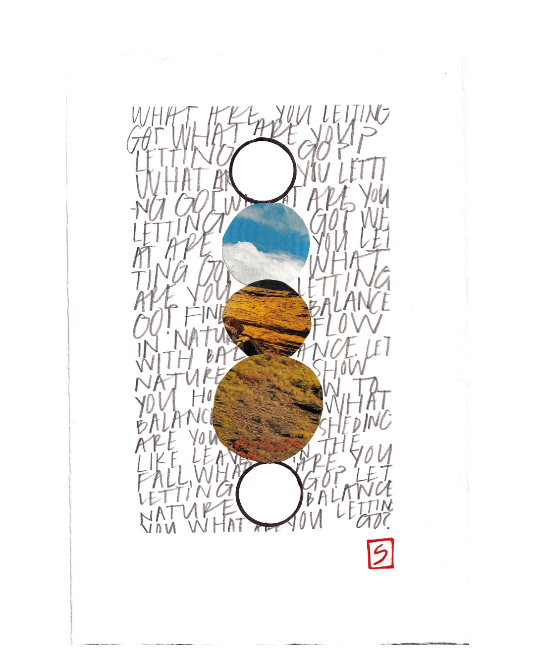 Three vertically stacked circles featuring photos of clouds, mountains, and a desert create a striking composition in the ‘Mystery Long Way Original Art’ by Andrea Slusarski. The background is filled with handwritten text about letting go, while a red square seal in the bottom right corner adds a distinctive touch to this mixed media piece.