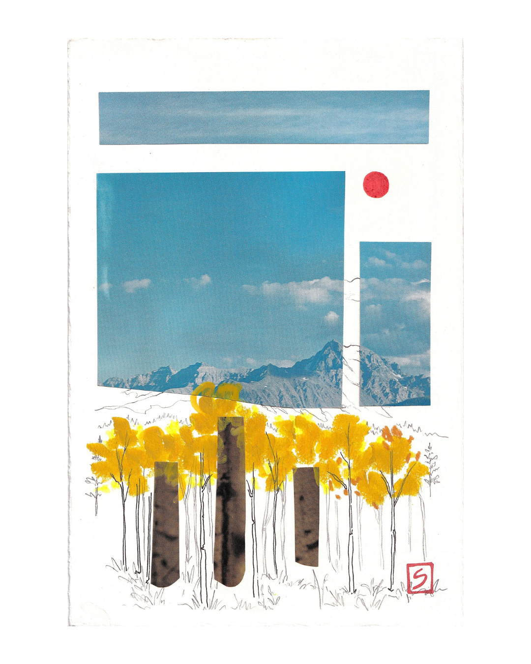 Mystery Long Way Original Art captures the essence of Andrea Slusarski’s original artwork with a stunning mixed media collage featuring a blue sky, clouds, and mountain photo, accented by a red sun, yellow painted trees, brown vertical shapes, and expressive line art—all set against a crisp white background.