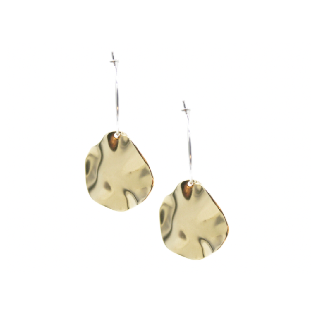 The Autumn Leaves Earrings feature gold-toned, irregular mixed-metal shapes with thin silver hooks, shown against a white background.