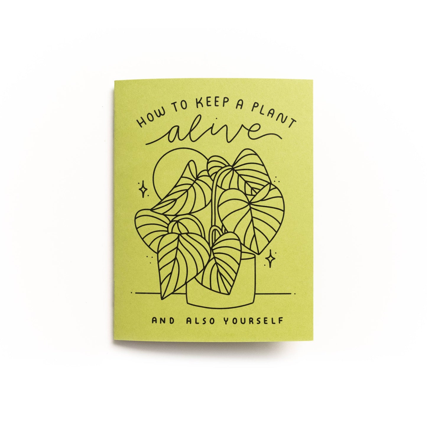 The How to Keep A Plant Alive Zine is a green handmade booklet featuring a black line drawing of a potted plant and the title text on the cover. It’s a thoughtful self-care gift, perfect for plant lovers. Background is white.