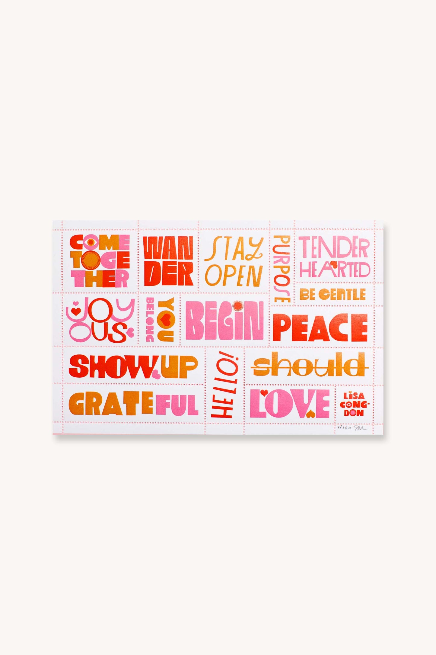Poster Stamp Series 5 | Words to Live By: A sheet of colorful, limited-edition stickers inspired by Lisa Congdon, featuring motivational words like COME TOGETHER and GRATEFUL in bold red, orange, and pink poster stamp designs.
