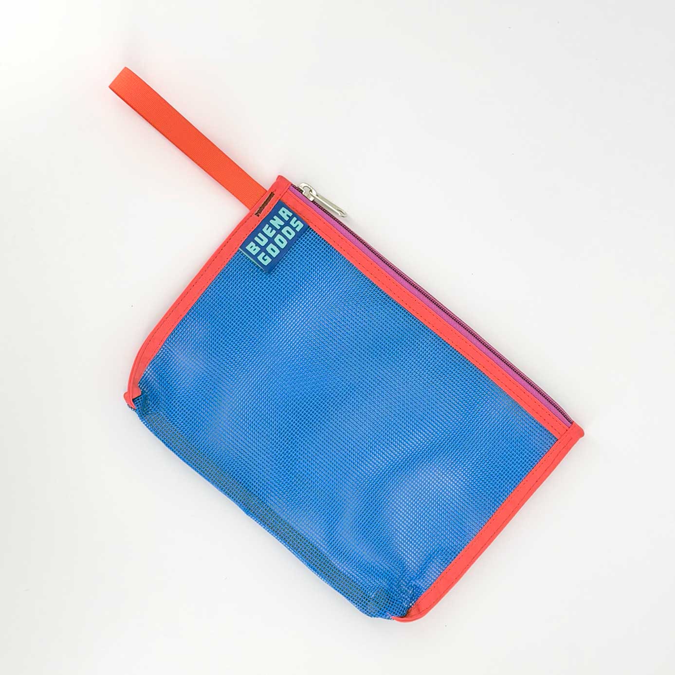 The Keeper | Yacht Rock is a blue zippered pouch with red trim and handle, made from durable industrial mesh and finished with a small “Bumka Goods” label in the top corner, shown against a white background.