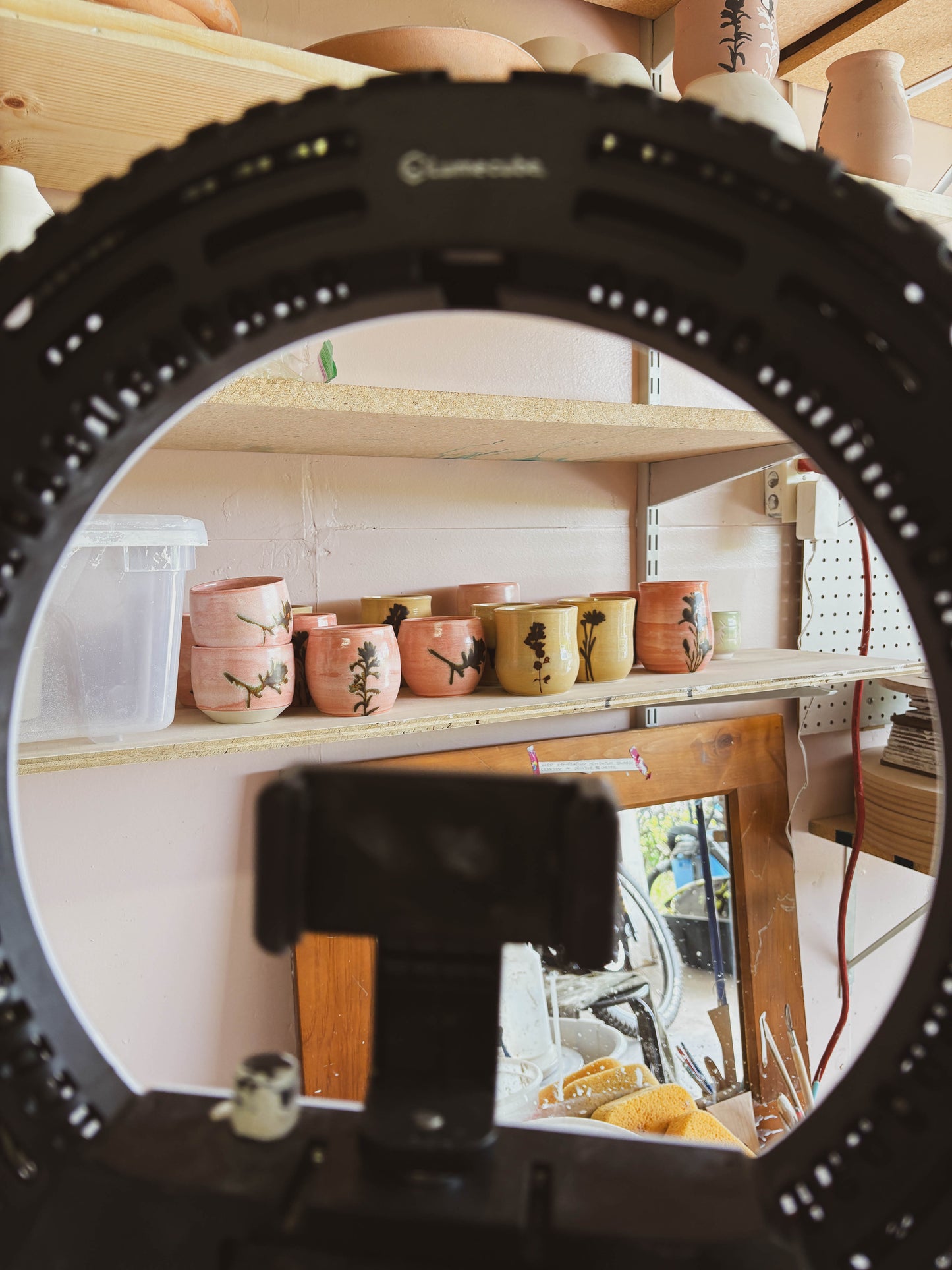 A ring light with a phone holder frames a view of the Birch Arnica #1 Small Tea Cup, a handcrafted ceramic piece with painted designs, displayed on a wooden shelf in a pottery studio as outdoor greenery reflects in the window.