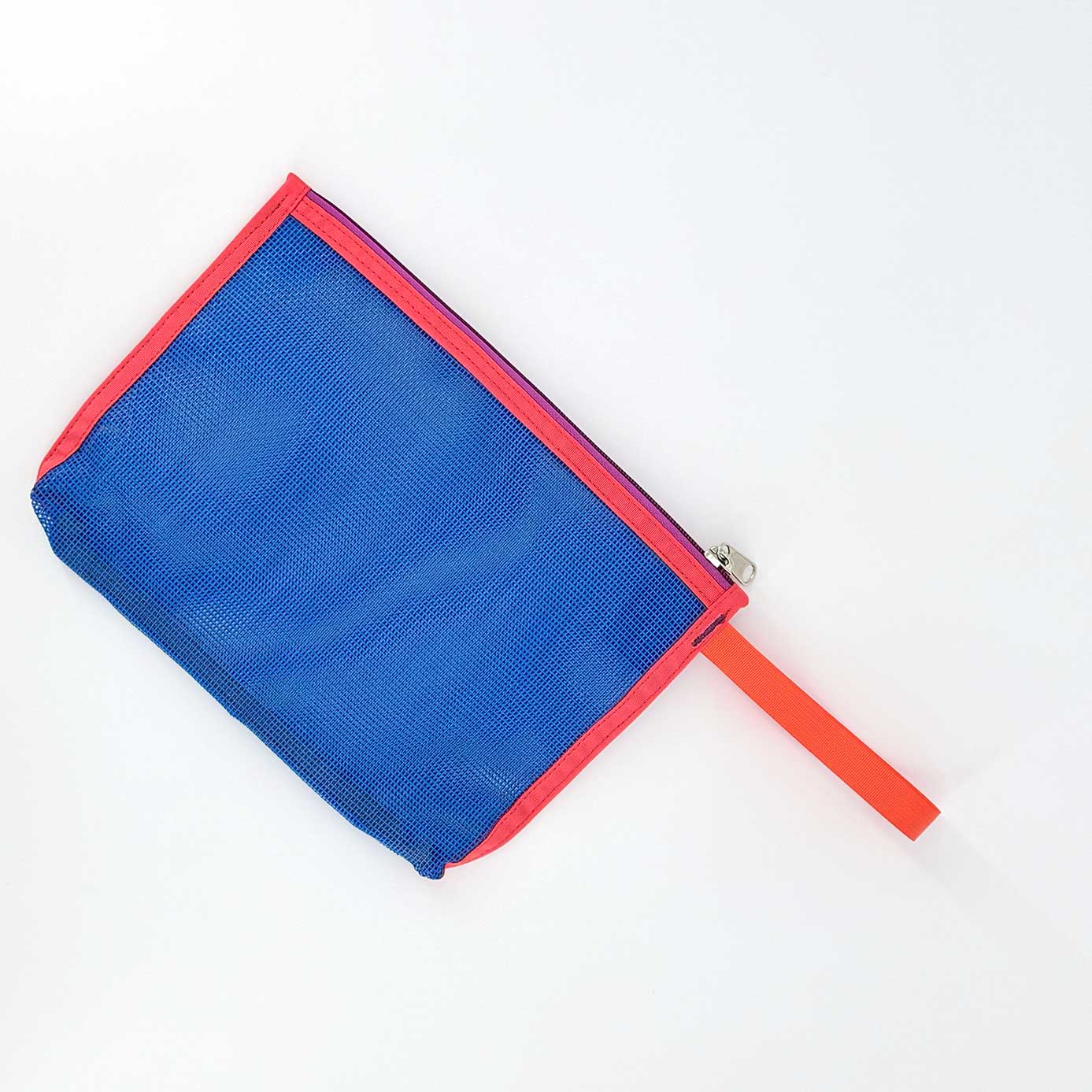 The Keeper | Yacht Rock is a small blue zippered pouch with bright red trim and matching strap, crafted from industrial mesh, shown on a white surface.