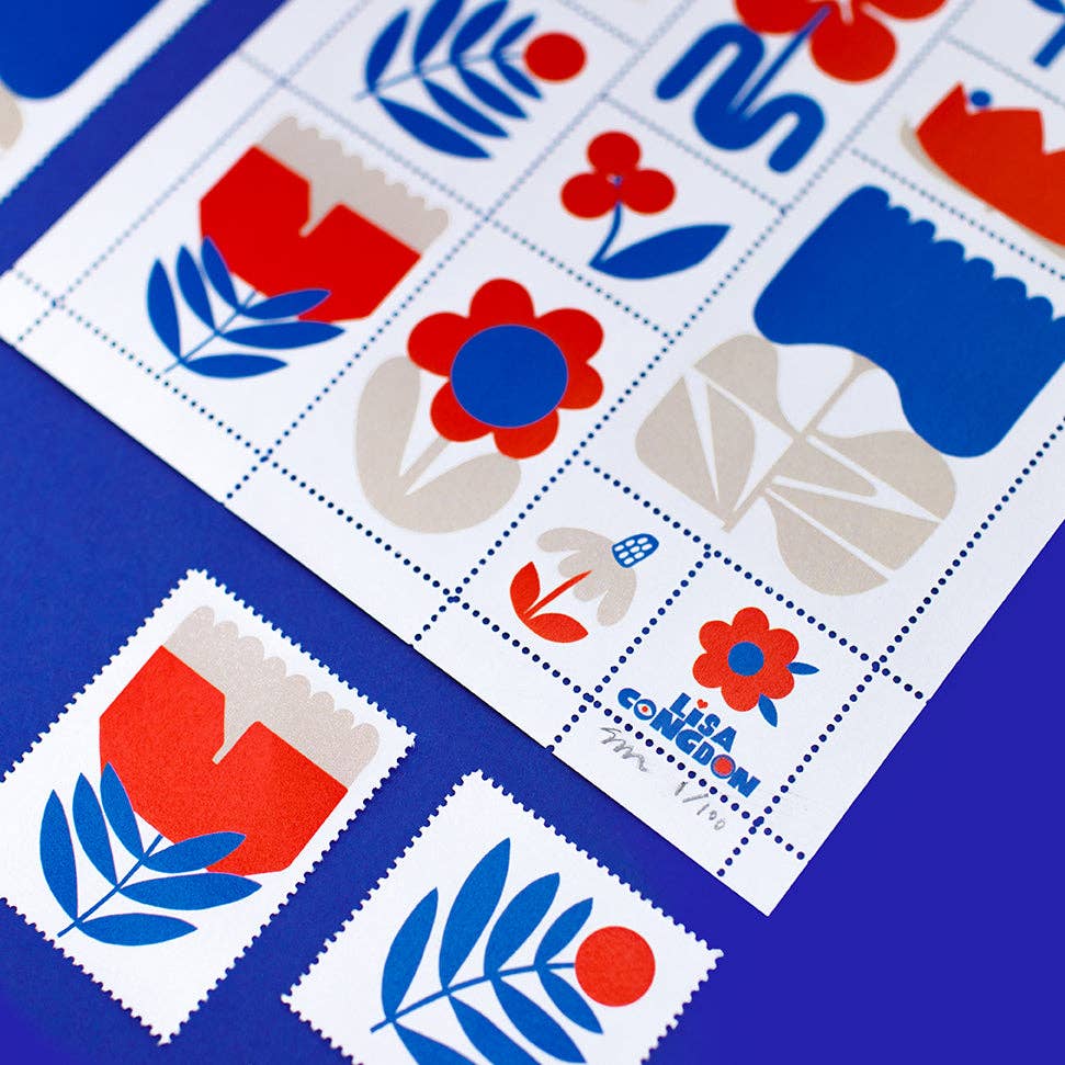 A sheet of Poster Stamp Series 3 | March Flowers, featuring Lisa Congdon's bold red, blue, and beige abstract flowers and shapes on a blue background. Two stamps are separated from the limited-edition sheet.