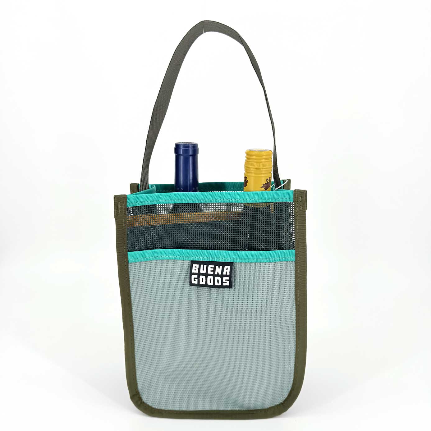 The Two-Bottle-Bag | Chenin Blanc by Buena Goods is a small gray and green mesh bag with a handle, holding one blue and one yellow bottle—ideal as a picnic bag or wine tote.