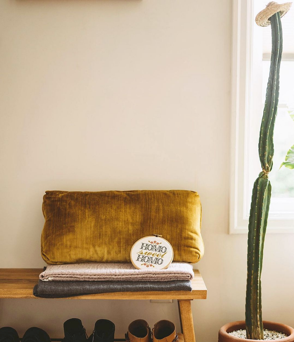 A cozy corner with a long green cactus in a white pot by the window, a wooden bench with folded blankets, mustard-yellow pillow, and an embroidery hoop from the Homo Sweet Homo (Foyer) Cross Stitch Kit—perfect for Pride Month. Shoes are under the bench.