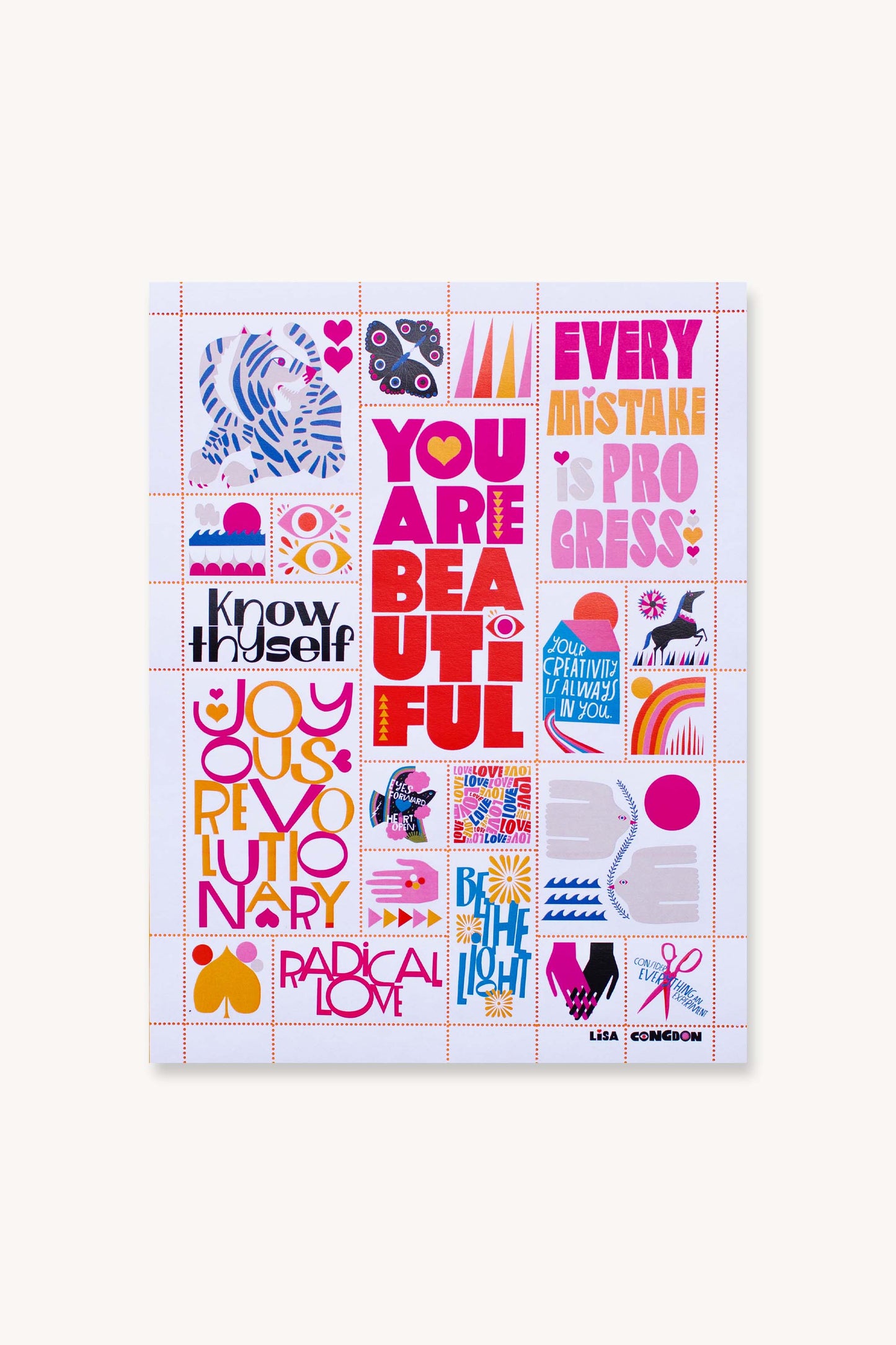 Poster Stamp Series 7 | Hold It Lightly is a colorful limited-edition poster featuring Lisa Congdon's bright geometric art and positive phrases like "You are beautiful"—each section pops like a modern stamp of inspiration.