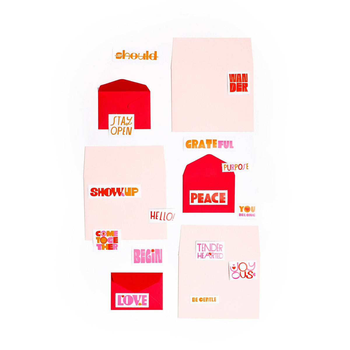 Poster Stamp Series 5 | Words to Live By features pastel and red envelopes and cards, inspired by Lisa Congdon, arranged like limited-edition poster stamps with motivational phrases such as SHOW UP and STAY OPEN in bold, colorful type.