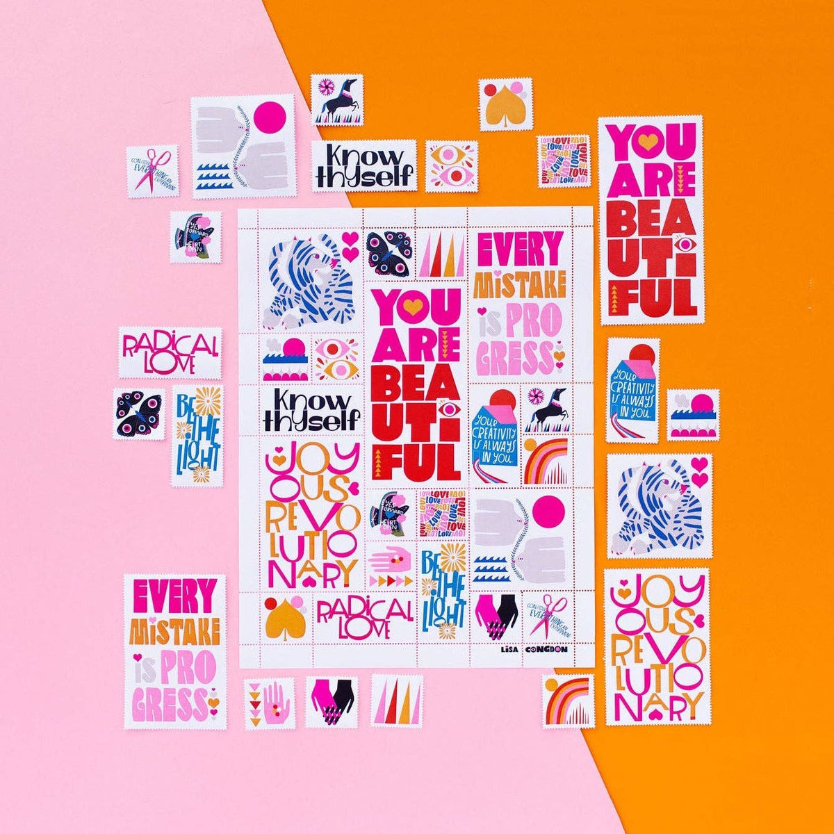 Poster Stamp Series 7 | Hold It Lightly is a limited-edition set of colorful, motivational cards with bold text and graphic designs, featuring phrases like "You are beautiful" and "Radical love" on an orange and pink background.