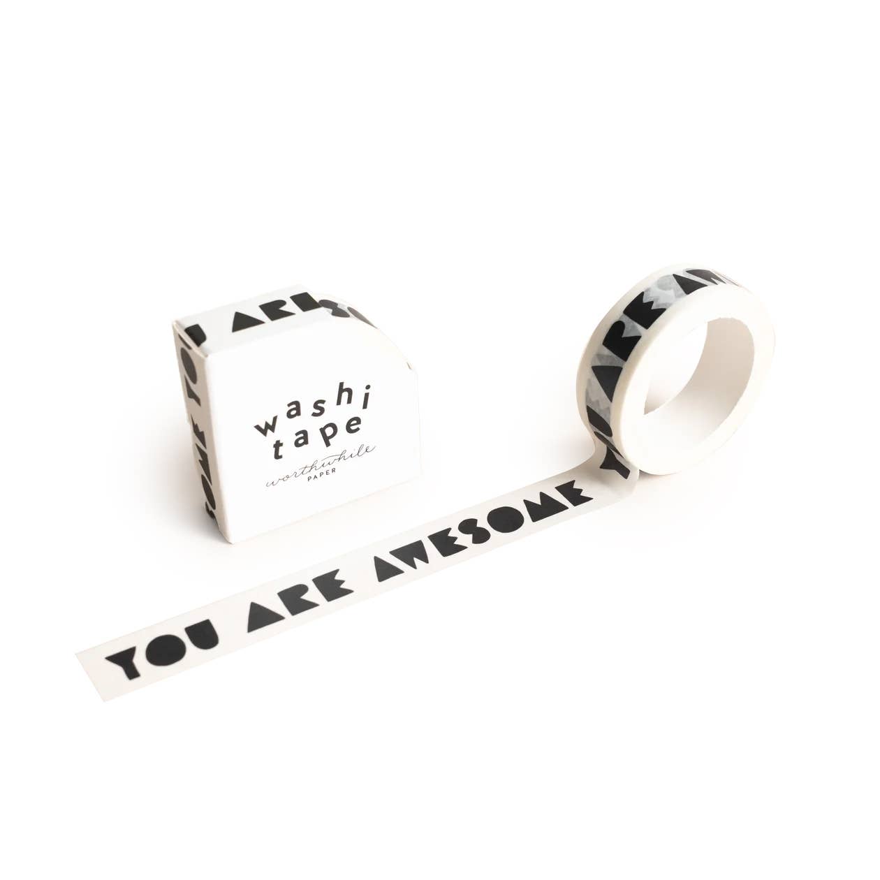 The You Are Awesome Washi Tape, featuring bold black hand-lettered text, is shown beside its packaging labeled "washi tape" on a white background.